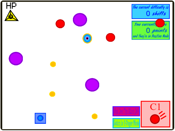 A square with three red circles, three small yellow circles, three big purple circles, and one blue circle with blue and pink concentric circles inside, a black circle at the center, and a yellow outline.